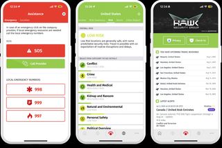 HAWK SOS App — emergency alerting, travel intelligence, and check-in screens
